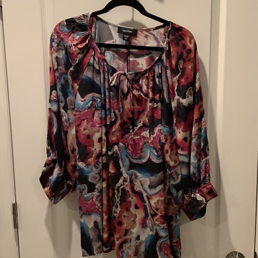 Karen Kane Marble-Print Tie-Neck Blouse in Pink and Blue